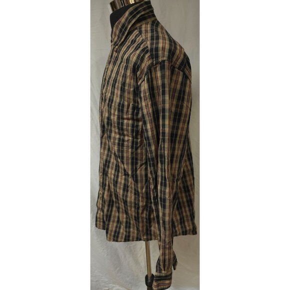 Carhartt Mens Large Black Tan Plaid Button Down Long Sleeve Logo Work Shirt S218 - Picture 7 of 12